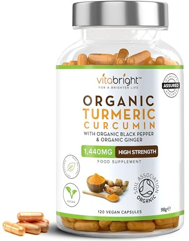 Turmeric and Black Pepper Capsules | 1440mg Dose | 120 Tablets | 2 Month Supply | 2 A Day | Herbal Supplements | High Strength Curcumin | VitaBright Organic Tumeric Supplement