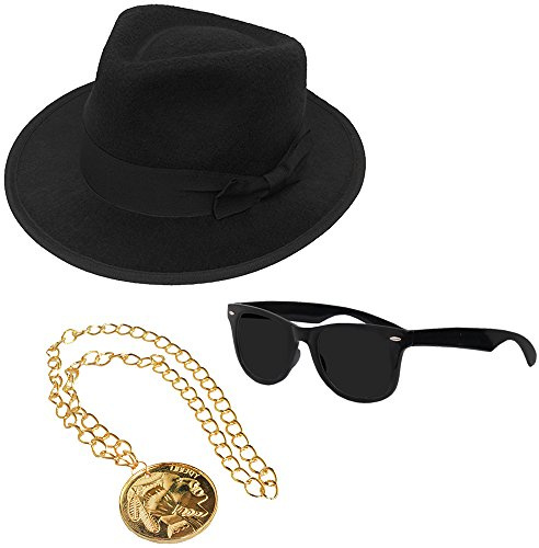 I LOVE FANCY DRESS Rapper Gangster Hat With Black Sunglasses and Gold Medallion Necklace Set and Kit