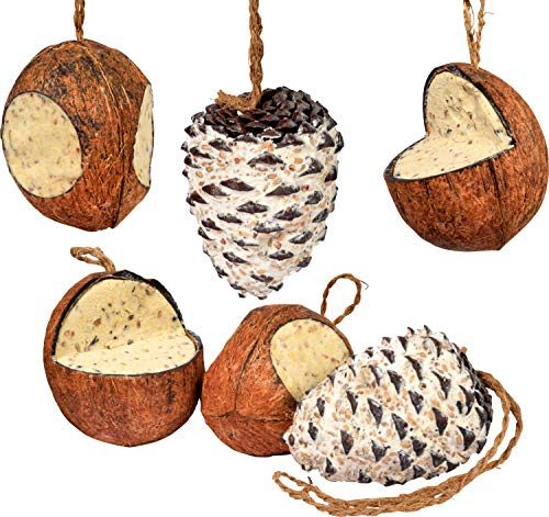 dobar® 24102e Premium Vogelfutter Mix - Gefüllte Kokosnüsse und Pinienzapfen mit Fettfutter für Wildvögel - hochwertige Vogelfuttermischung im Set - Ganzjahresfutter für Garten/Terrasse - 6 teilig