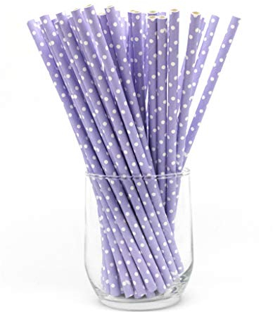 100 cannucce di carta biodegradabili, senza plastica, per feste, compleanni, matrimoni, decorazioni fai da te, San Valentino, in colori vivaci a righe (viola con pois bianchi)