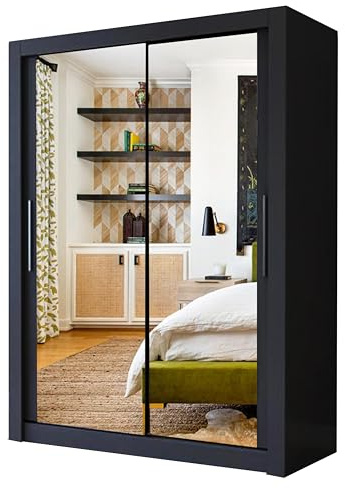 A.C. Milan Modern Double Mirror sliding door wardrobe with LED Light Width 100cm/120cm/150cm/180cm/203cm/250cm (120, Black)