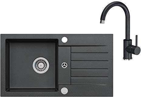 VBChome Spüle mit Armatur 75 x 42 cm Schwarz Spültischarmatur Granit Einzelbecken Einbauspüle gesprenkelt reversibel Verbundspüle Siphon Drexexcenter Wasserhahn Einhebel