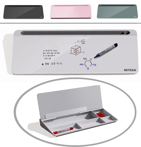 NITRAM Pizarra de Escritorio. Pizarra blanca pequeña de borrado en seco con Almacenamiento para material de Oficina y ranura para tablet/móvil. Incluye Borrador y 2 Rotuladores. Whiteboard (Blanco)
