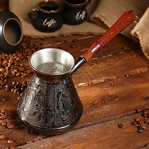 Cafetière en cuivre avec gravure arabe grecque turque de 600 ml, Cezve Ibrik Briki avec manche en bois