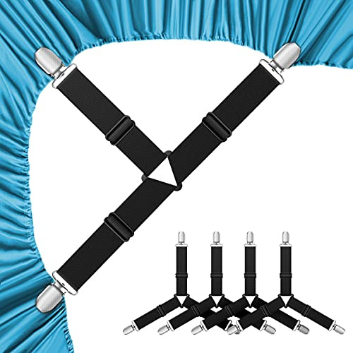 Lesfit Verstellbare Bettlakenspanner, Elastische Dreieck Bettuchspanner, Verstellbar Lakenspanner mit Metallclips, für Bettlaken Matratze, Bügelbrett Oder Sofa, Schwarz (4 stück)