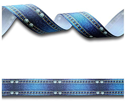 2 Yards (1.82 metres) Blue Denim Jean Look with Rivets Grosgrain Ribbon 22mm Wide, Ideal for Craft Projects, Scrapbooking, DIY Hair Bows, Present Wrapping etc.