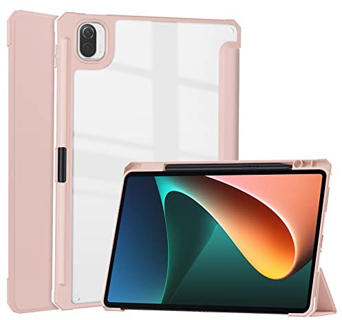 for Xiao-mi-Pad-5/Pro/5G 2021 Tri-fold Stand Case with Pencil Holder, 11'' Clear Acrylic Back Shell Ultra-Thin Lightweight Full-Body Protective Magnetic Flip Smart Cover Auto Sleep/Wake (Pink)