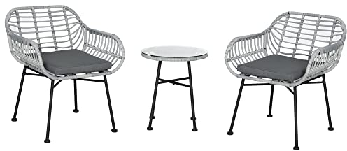 Outsunny Set Mobili da Giardino in Rattan PE da 3 Pezzi, Salotto da Esterno con 2 Sedie e Tavolino con Ripiano in Vetro per Terrazza e Bistrò, Grigio