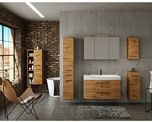 Lomadox Badezimmermöbel Set Industrial Style 100 cm Waschtisch in Wotan Eiche Nb. inkl. Waschbecken, B/H/T: ca. 305/200/50 cm