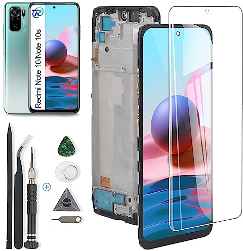 RongZy para Xiaomi Redmi Note 10/Note 10s 4G LCD+Pantalla Táctil Digitalizador Asamblea Reemplazo +Reparación Herramientas(Negro con Marco)