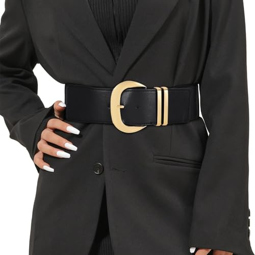 WHIPPY Women Wide Elastic Waist Belt for Dresses Fashion Gold Buckle Stretchy Leather Waistband for Ladies, Black, Fits Waist 28-33