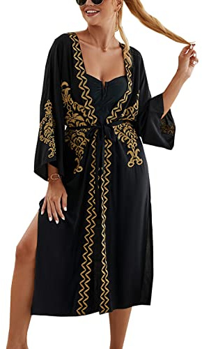 L-Peach Loungewear Ricamo Caftano Donna Kimono Oversize per Casa Maxi Abito da Spiaggia Copricostume