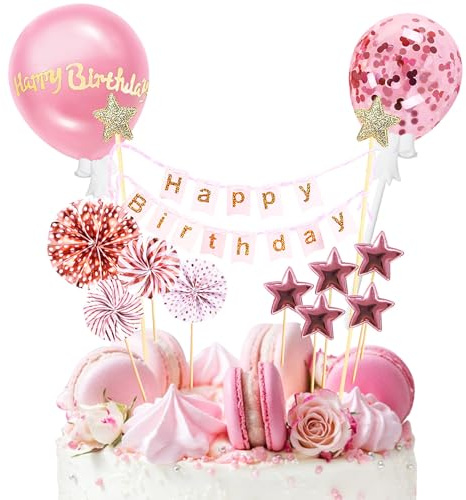 Simsky 12 Stück Tortendeko Rosegold, Happy Birthday Kuchendeko, Glitter Cake Topper, Sterne Cupcake Tortenstecker, Papierfächer Sterne und Liebe Konfetti-Luftballons für Mädchen Junge