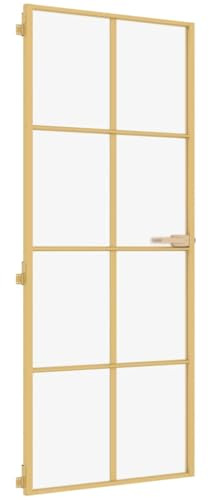 vidaXL Innentür, Schlank Zimmertür mit Metallrahmen Griff, Glastür Tür mit Befestigungsmaterial, Schiebetür Badezimmertür, Golden 93x201,5 cm Hartglas Aluminium