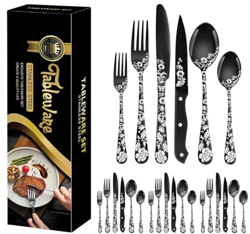XIAOYU Ensemble d'argenterie 24 pièces avec couteaux à steak, ensemble de couverts en acier inoxydable pour 4 personnes, ensemble de couverts au design unique en forme de fleur de pivoine, Noir