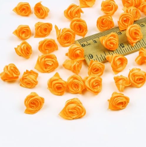 Whakano 100 Stück Mini Künstliche Blumen Rosenköpfe 1,5cm,Satin Röschen zum Basteln,Blumen Applikationen,Deko-Rosen,kleine Rosenköpfe für Valentinstag,Muttertag,Hochzeit,Party,Home Deko,Orange