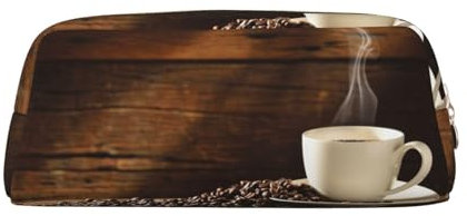 DNBCLEZK Jolie trousse à crayons en cuir pour filles et garçons, motif tasse à café et grains de café, trousse de rangement personnalisée, doré, Taille unique, Organiseur de sac