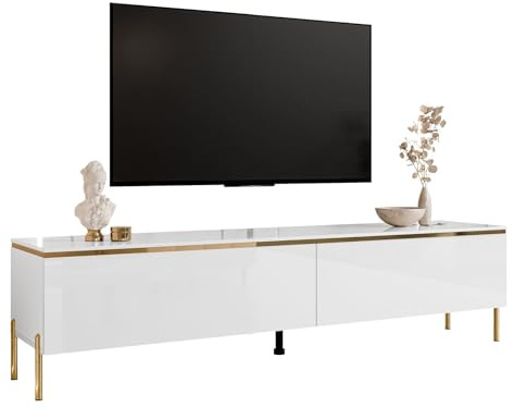 lukmebel - TV-Schrank für Wohnzimmer Möbel - TV-Board Lowboard Fernseh-Schrank Fernsehtisch TV-Kommode mit Beinen in Gold - 180x40x46 - Glanz Weiß Gold - Aurora