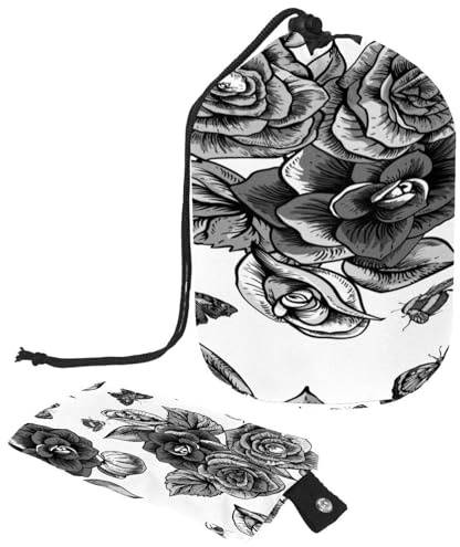 Trousse da toilette con coulisse, a forma di barile, con fiori di begonia e farfalle, a forma di barile, trousse da viaggio per trucchi + piccola borsa, Multi,