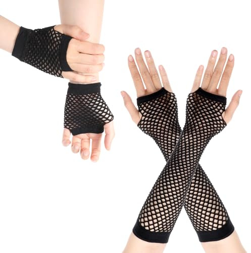 Guantes finos de red negros – Mangas largas y cortas para mujeres y niñas, fiesta temática, cosplay, Halloween