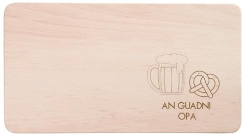 AWASG Brotzeitbrett An Guadn - Personalisiert mit Name - Frühstücksbrettchen Holz mit Gravur Spruch - Buche 22 x 12 x 1 cm (Brezel und Bier)