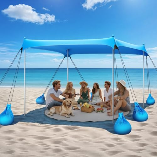 Raynesys Beach Tent Sun Shelter, 10 x 10 FT Beach Canopy Tent Sun Shade, UPF50+ Tents Canopy with 8 Sandbags & 4 Stability Poles, Outdoor Tents for Camping Fishing, Sky Blue
