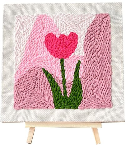 Allazone Punch Needle Stickerei Set für Anfänger, Rahmen Stanznadel Stickerei Starter Kit, Quadratisch Punch Needle mit Blumenmuster, Stickrahmen, Garne, Stanznadel (Rosa Tulpe)