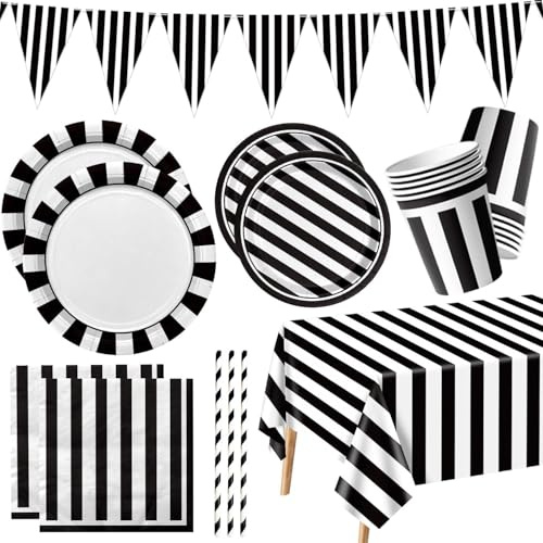 Schwarz und Weiß Gestreift Party Supplies, Schwarz und Weiß Party Dekoration mit Papier Teller Servietten Tischdecke Papier Tassen Fahnen für Geburtstag Hochzeit Baby Dusche Graduierung
