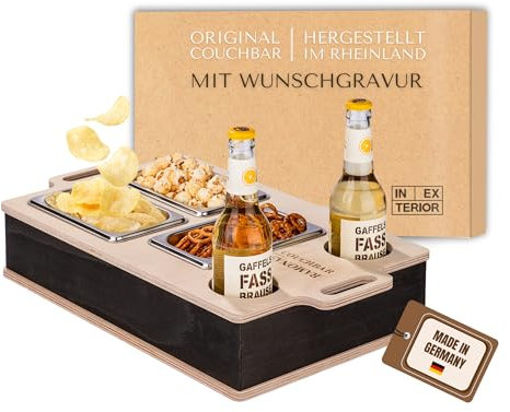 INEXTERIOR CouchBar Plus - PERSONALISIERBAR - handgefertigt in Deutschland - DREI Snackschalen und Flaschenhalter - Couchbutler couchorganizer Sofaorganizer Sofaablage Tablett Couchbutler (Design 2)