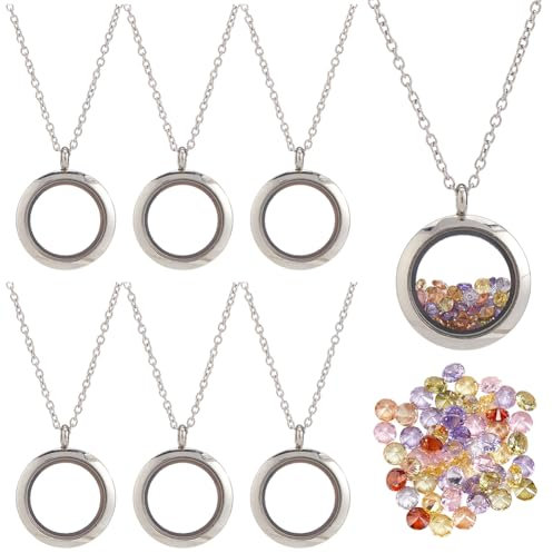 SOFPLATE 1 Box Stainless Steel 6Pcs Round Memory Locket Floating Memory Glass Necklace Chain Cubic Zirconia Cabochons Polished Keepsake Living Locket Necklace for Pendant Women Friendship Decoration