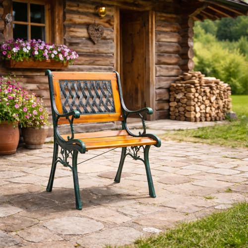 Mojawo Stuhl/Sessel Royal Gartenstuhl Gartensessel Outdoorstuhl Gusseisen Holz Natur bis120Kg Wetterfest B61xL52XH74cm