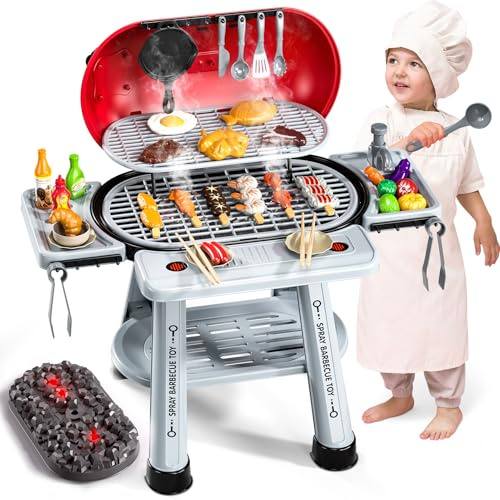 BLmukce Play Kitchen Sets for Toddlers 1-3 Kids 2-Layer BBQ Grill Playset with Smoke, Sound & Light Interactive Outdoor Kitchen Grill Toys with Play Food Christmas Birthday Gift for 3 4 5 6 Years Old
