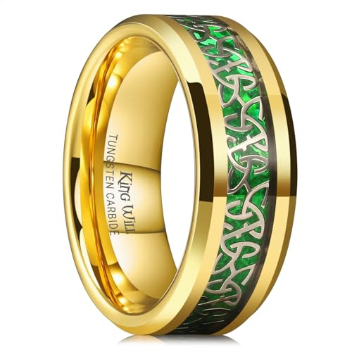 King Will 8mm Tungsten Wedding Ring for Men - Celtic Knot Design Band Comfort Fit Wedding Band, Anniversary Ring, Gold&Green 8mm,W 1/2(11.5)