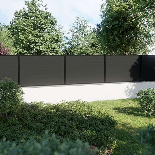 DECKLINEA Kit Clôture Composite sur Muret RIO Anthracite 5,5x1,2m - Bois composite & Aluminium - Poteaux sur Platines Noir - Brise vue