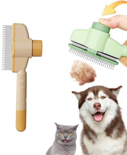Fellblitz Bürste Katze - Selbstreinigender Katzen Bürste,Fellbürste Katze Entfernt Knoten&Lose Haare,Für Langhaar/Kurzhaar Katzenbürste&Hundebürste mit Reinigungsknopf(1Pcs,Gelb)
