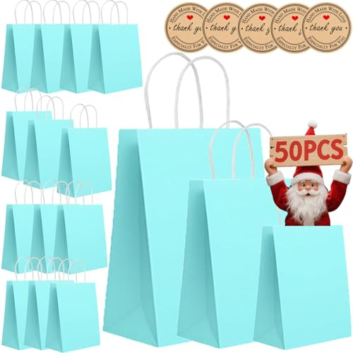 50 Stück Geschenktüten mit Henkel, 3 Größen Papiertüten mit Aufklebern,130GMS Kraftpapier tüten, Einkaufen Hochzeiten Partys Geburtstag Weihnachten Halloween (Blue)