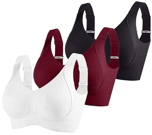 3 Pack Sports Bras for Women Ribbed Bra Ladies Non Wired Brassiere Push Up Underwear Full Coverage Bralette Comfortable Soft Breathable Bras Seamless Bralettes Everyday Bra