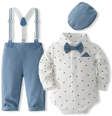 Fohuanky Baby Boy abbigliamento formale Set di abbigliamento da bambino Camicia Romper con papillon bretelle pantaloni e cappello per matrimonio festa di compleanno