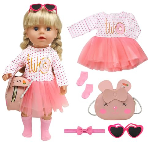 WanderGo Abbigliamento per bambole, 43 cm, per bambole, per bambole da 14 a 18 pollici, con calzini, occhiali da sole, fascia per capelli e borsa dolce (senza bambola)