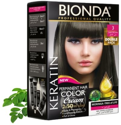BIONDA Professionell permanent hårfärg Color Cream 3 mörkbrun 200 ml | dubbelpack | keratin och moringa vård | långvarig, intensiv färg med glans | 100 % täckning av grått hår