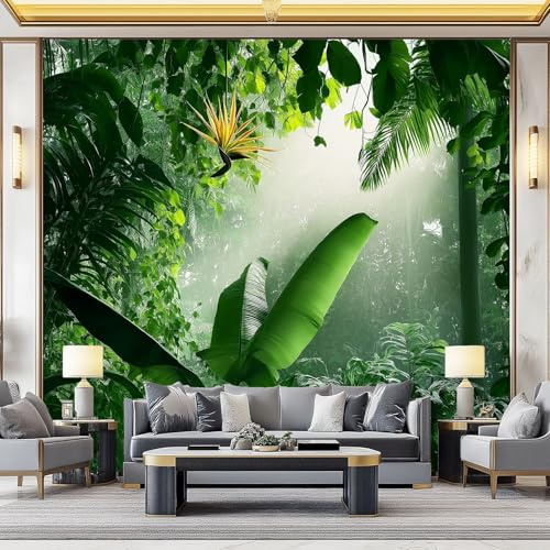 Carta da Parati Murale 250 x 175 cm, Adesiva in Tessuto Non Tessuto con Fiore Di Uccello Del Paradiso Foglie Di Banano Verde, Foresta Pluviale Decorazione da Parete per Soggiorno e Camera da Letto