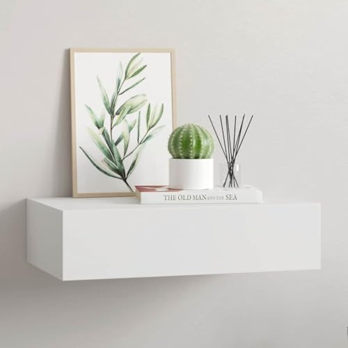 Mokuyary Wandregal mit Schublade, MDF, weiß, 40 x 23,5 x 10 cm, Nachttisch, schwebend, Regal mit Schublade für Flur, Schlafzimmer