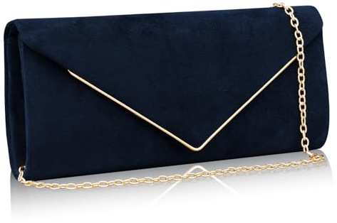Larcenciel Damen Clutch, Elegante Wildleder Handtasche Dunkelblau mit Abnehmbarer Kette, Klassisch Samt Envelope Abendtasche, Mode Suede Velvet Umschlag Crossbody Tasche für Hochzeit, Party, 25x11x5CM