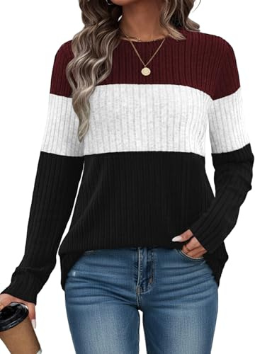 Cuptacc Jersey Mujer Otoño Cómoda Cálido Suéter Elegante Casual Acanalado Punto Top Cuello Redondo Bloques De Color Jersey Burdeos Blanco Negro XXL