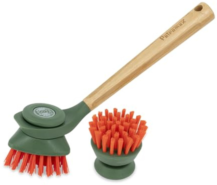 Petromax Gussbürsten-Set - Reinigungsbürste & Pflegebürste für Gusseisen | Set mit 2 Bürstenköpfen, Schaberkante & Holzgriff für Töpfe & Pfannen, ideal zum Einmassieren der Gusseisen-Pflegepaste