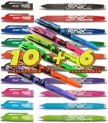 Pilot FriXion Maxi 16er Box 6 Light radierbare Textmarker mit den Farben Pink, Orange, Gelb, Orange, Blau und Violett und Pilot Tintenroller Frixion (radierbar) Set BL-FR7 im prakischen Geschenketui - Alle 10 verschiedenen Farben sortiert incl. der neuen Farben, Strichstärke 0,4 mm