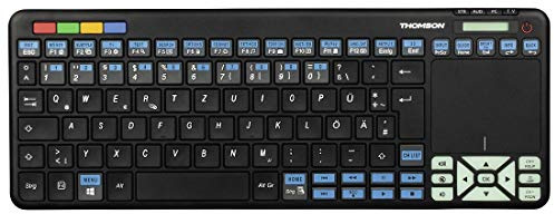 Thomson Funk-Tastatur für Philips Smart-TV mit 4in1 Universal-Fernbedienung (für TV/STB/Audio/PC, inkl. Touchpad-Maus, QWERTZ, beleuchtet, Multimedia-Tasten, lernfähig, wireless, 2,4GHz) schwarz