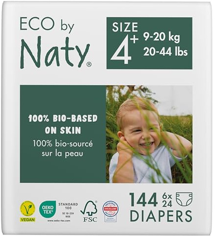 Eco by Naty ekologiska babyblöjor - växtbaserade miljövänliga eko blöjor, bra för känslig babyhud och förhindrar läckage (Storlek 4+, 144 stycken)