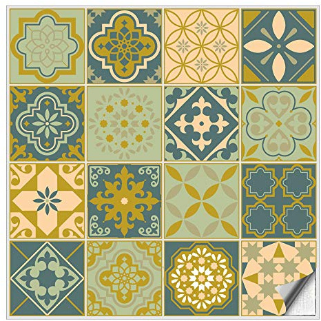 Kiwistar - Set 11 - Autocollants pour carrelage - 14 x 14 cm - Lot de 16 - Bleu Beige - pour la Cuisine, la Salle de Bain, Le dosseret, la Bordure, la rénovation, Le Motif de Carreaux