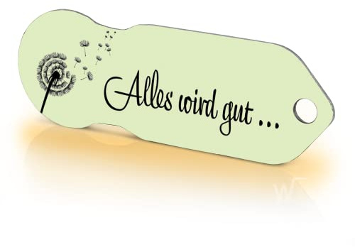 Einkaufswagenlöser Alles Wird gut/Entriegler für Einkaufswagen – inkl. 1 Jahr Schlüsselfundservice/Einkaufswagenchip abziehbar/Einkaufschip zum rausziehen/Schlüsselanhänger Metall / 1 Stück